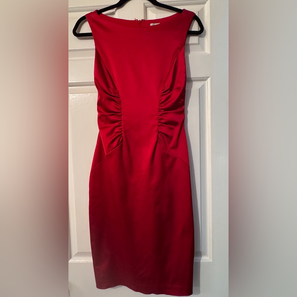Vintage Cache Red Ruched Waist Sheath Midi Dress Red Satin Stretch EUC